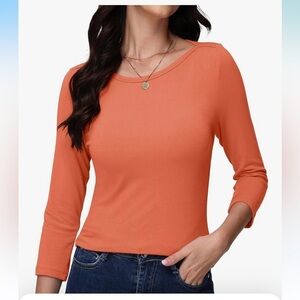 NEW 3/4 Length Sleeve Shirts Boat Neck Slim Fit Casual T-Shirts Basic Tees
